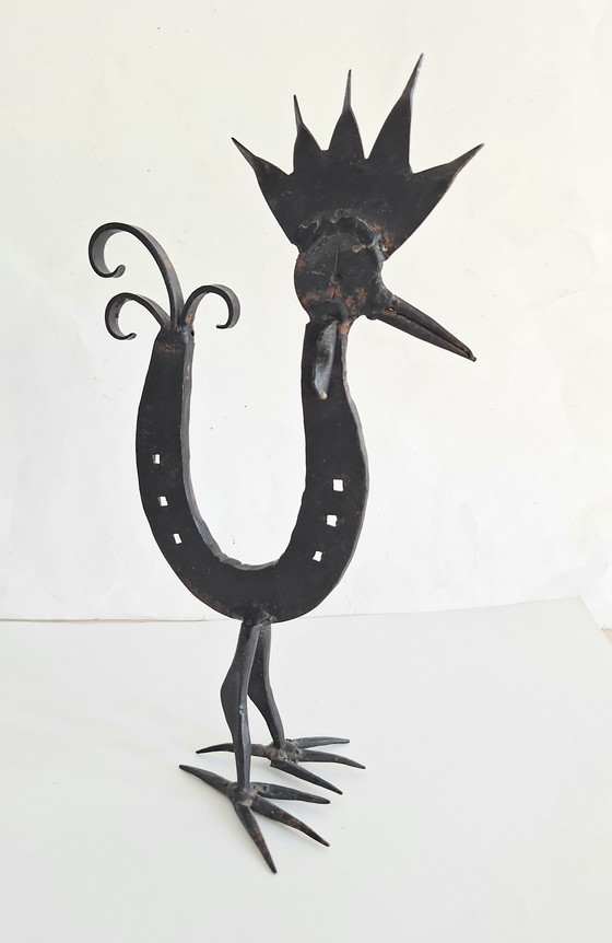 Image 1 of Marolles-style folk art stylized rooster figure from a horseshoe. Vintage 1950-1960.