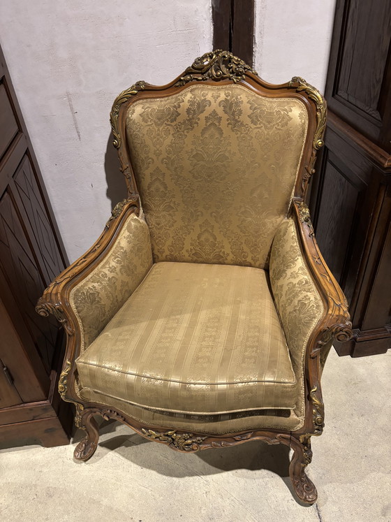 Fauteuil italien original, tissu d'origine et peinture sur bois dorée d'origine. – Wood, Gold (photo 3 of 25)