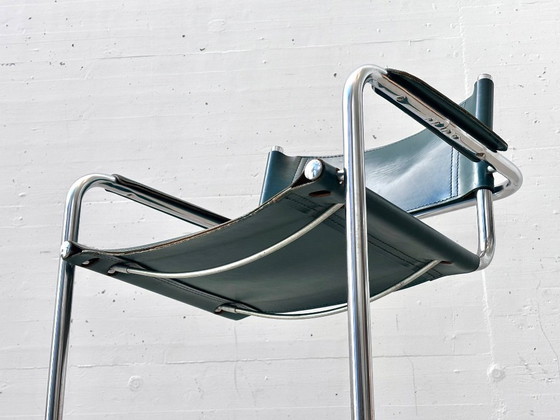 Sedia Cantilever Vintage con Braccioli - Pelle Petrolio e Cromo, Anni '70 – Sedie da camera, Leather (photo 15 of 15)