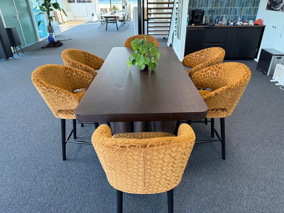 Image 1 of Richmond hoge tafel kersenhout 97x219cm set met 6 stoelen indigo triangle zithoogte 68 cm