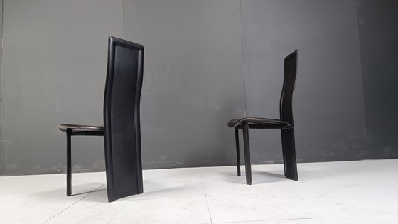 Image 1 of Schwarze Leder-Esszimmerstühle mit hoher Rückenlehne, Satz von 6, 1980er Jahre