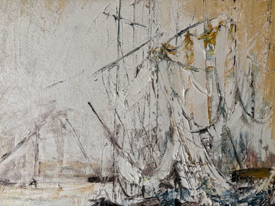 Characteristic Mid-Century modern harbor view. Oil on canvas (impasto) – Paintings & Drawings, Wood (photo 6 of 11)