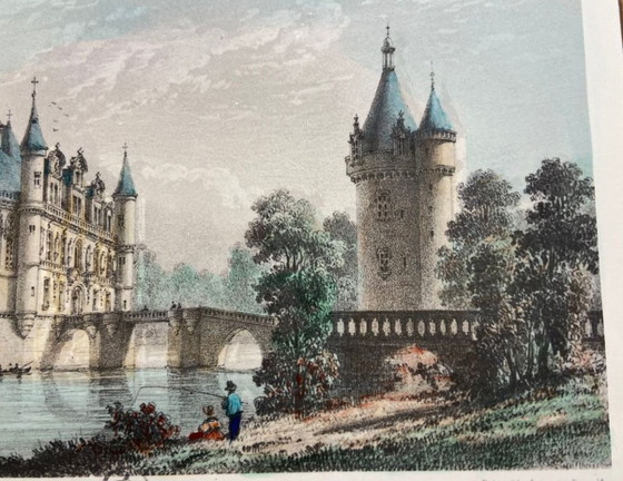 Image 1 of Antique Lithograph 1851 Château de Chenonceaux Sketch of Lady Chatterton