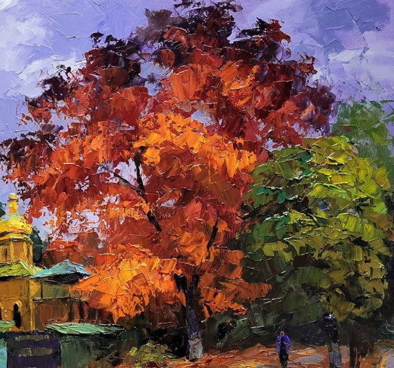 Image 1 of Original Oil Painting Cityscape Autumn Church October in the City