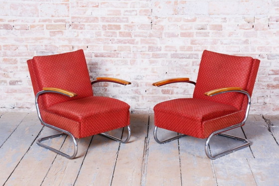 Pair of Bauhaus Armchairs, by M. Breuer, for Mücke-Melder, Chrome, Czech, 1930s – Textile, Wood (photo 4 of 11)