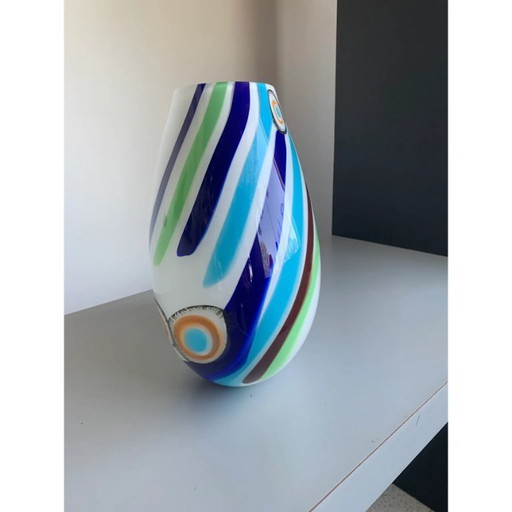 Milky-White Murano Glass Style Table Lamp Featuring Multicolored Reeds Vase