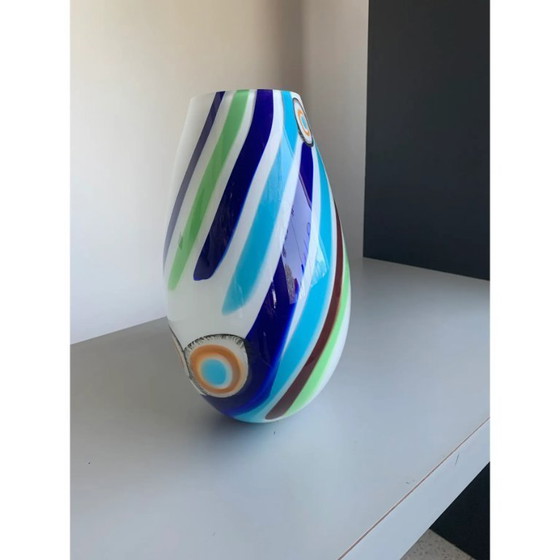 Image 1 of Milky-White Murano Glass Style Table Lamp Featuring Multicolored Reeds Vase