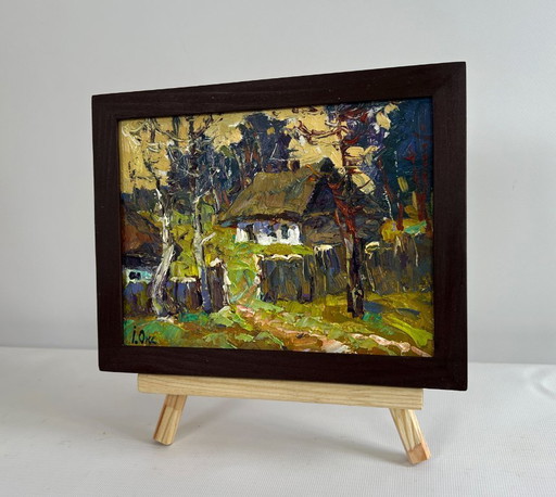 Original Oil Painting Autumn Forest Landscape Houses near the forest