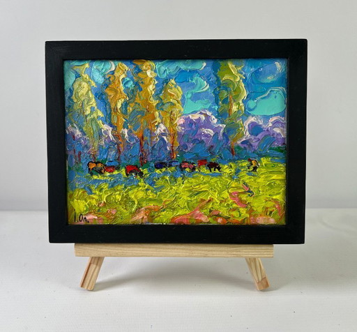 Original Oil Painting Colorful Nature Landscape Spring on the meadows