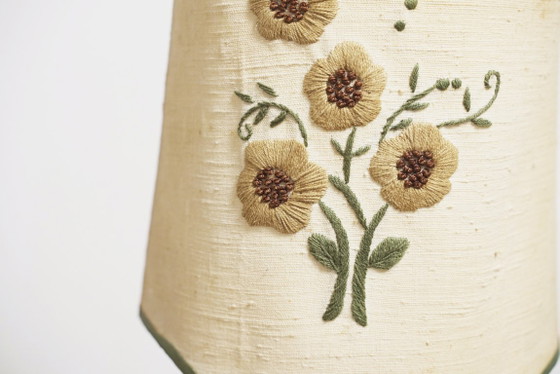 Image 1 of Vintage Carved Wood Barley Twist Lamp with Hand Embroidered Floral Shade and Acanthus Leaf Tripod Feet