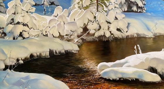 Original Oil Painting Stream Nature Landscape Snow Winter Forest – Paintings & Drawings, Canvas (photo 4 of 7)