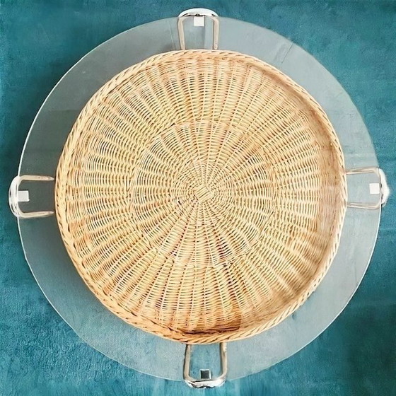 Image 1 of Vintage mid-century retro design salontafel rotan chroom glas riet 1970's