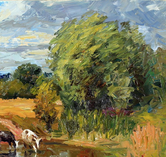 Peinture à l'huile originale Paysage naturel Campagne Pâturage Au point d'eau – Peintures et dessins, Canvas (photo 6 of 8)