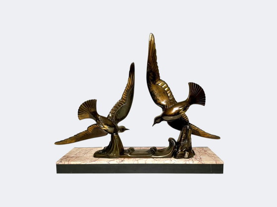 Image 1 of Art Deco Flight of Seagulls Spelter Statue - French Flying Sea Birds Patinated Cast Metal Figures on Marble Base 