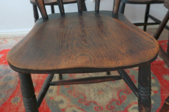Image 1 of Antieke set van 4 gepatineerde eikenhouten eetkamerstoelen in boerderijstijl, 19e eeuw
