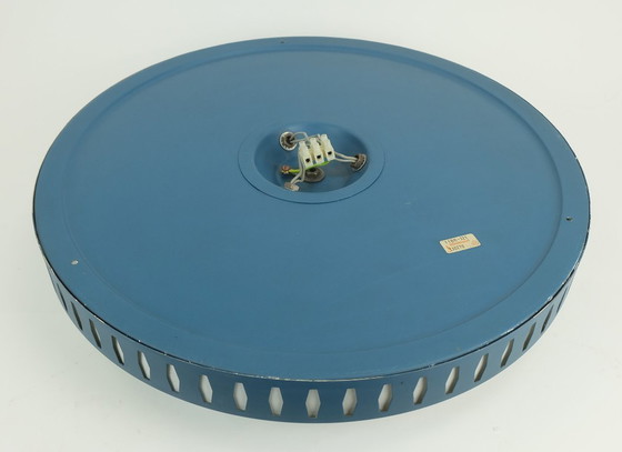 Image 1 of rare large mid century modern CEILING LIGHT by hillebrand 1960s flush mount textured glass blue metal frame