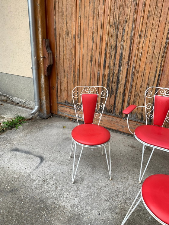 White Metal & Red Leatherette Garden Set, 1968, Set of 4, Mid Century Modern (photo 6 of 9)