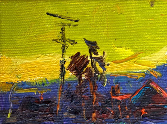 Image 1 of Original Oil Painting Evening Village Landscape Yellow sunset over the village