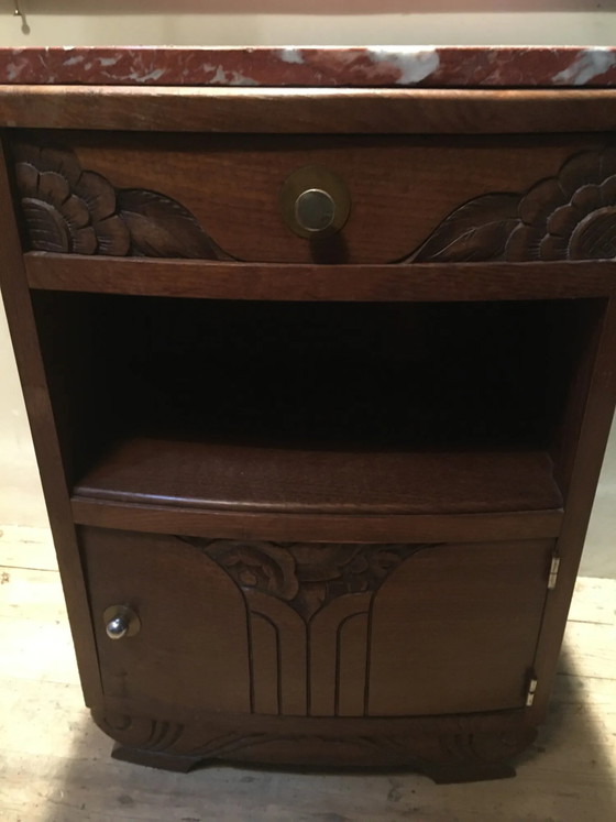 Solid oak bedside table with brown and white marble. – Nightstands, Art Deco (photo 7 of 8)