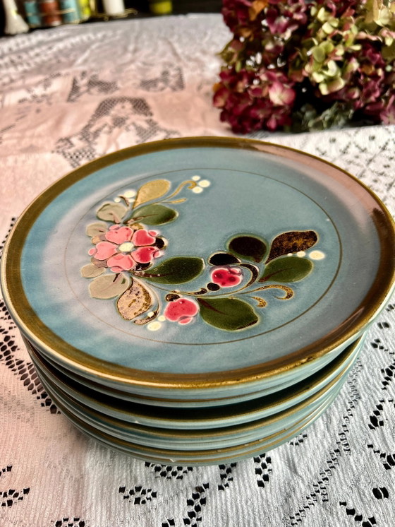 Vintage Sugar Bowl, 8 Large Dinner Plates, SMF Schramberg Garmisch, Majolica, Hand-painted, Kiln-fired 1970 (photo 6 of 9)