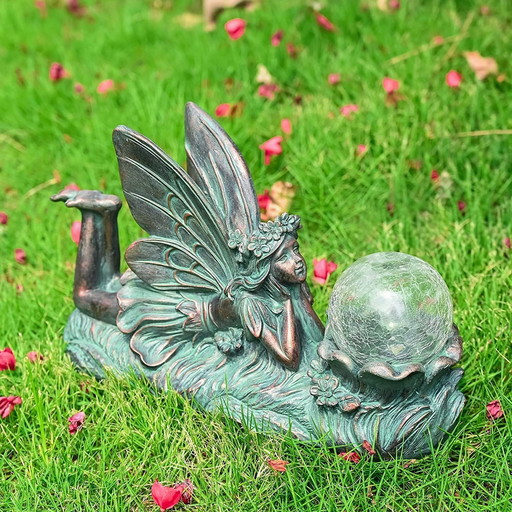 TERESA'S COLLECTIES Grote Bronzen Sprookjestuin Tuindecoratie, Met Zonne-verlichting, Waterdichte Hars Engel Tuinbeelden, Gebars