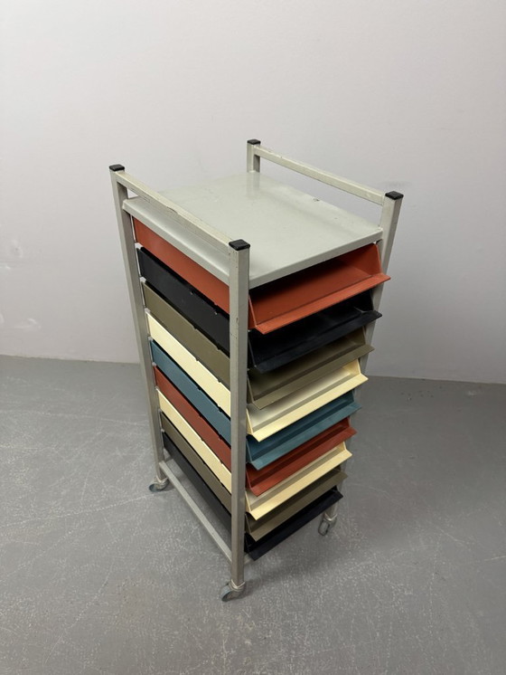 Image 1 of Mid-Century Industrial Gispen Modular Office Trolly with 9 Colorful Pull-Out Bins, The Netherlands 1960s-1970s.