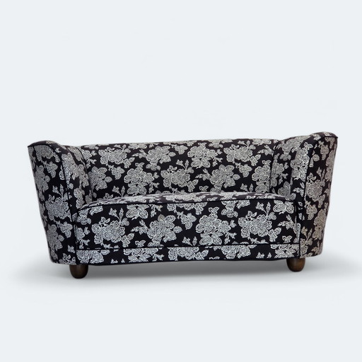 1960s Danish 2-Seater "Banan" Sofa, Black-White Fabric, Beech Wood