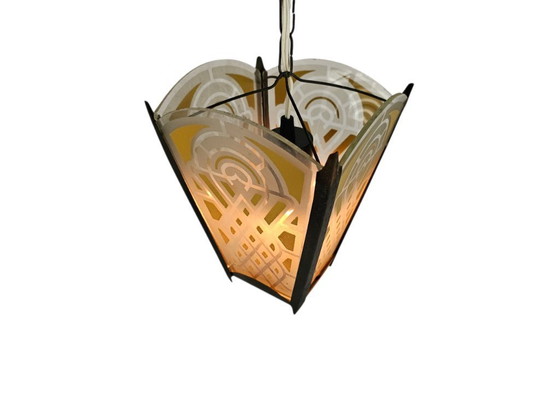 Image 1 of Amsterdams school stijl - lantaarn - hanglamp - glas - messing - 1930's
