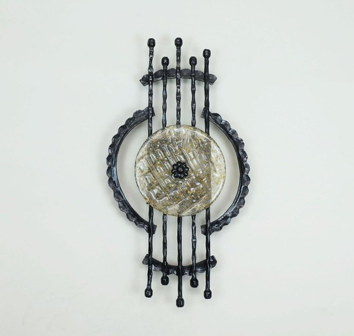mid century brutalist style wrought iron and glass wall lamp sconce 1960s 1970s