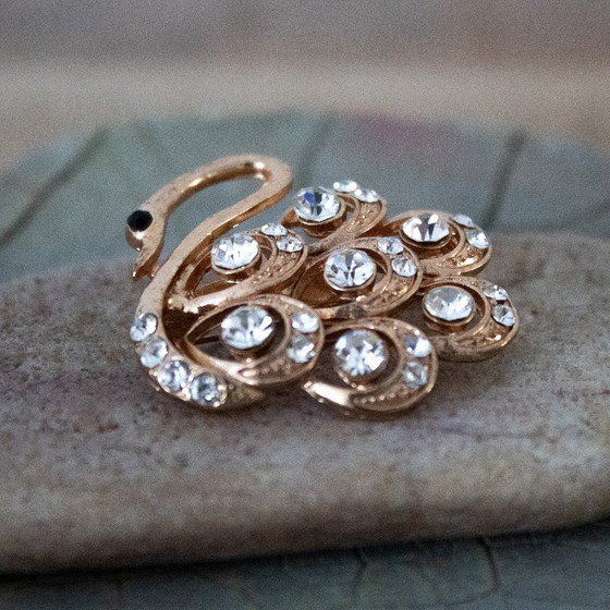 Image 1 of Vintage rose gold metal swan brooch with rhinestones