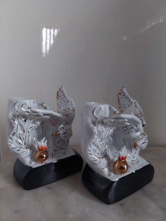 Image 1 of 2X Bougeoirs Chinois avec Oiseau Phénix et Boule d'Or Chinois - Poterie