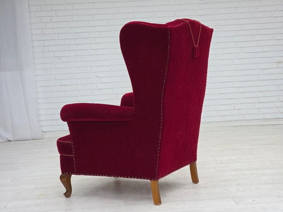 Image 1 of 1960s, Danish highback wingback armchair, cherry-red furniture velour.
