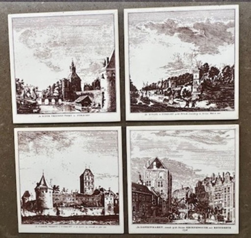 Tableau de 4 carreaux muraux représentant différents lieux d'Utrecht