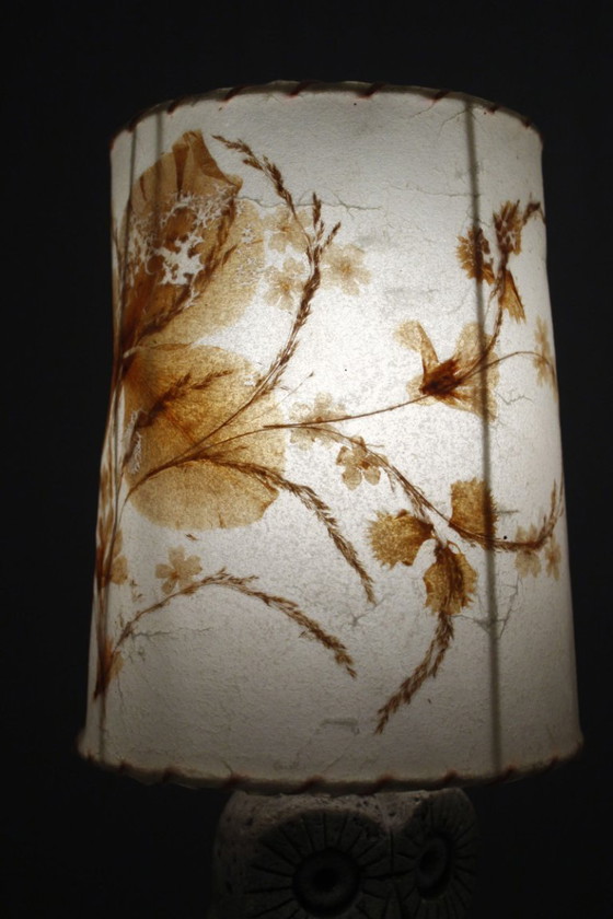 Image 1 of Lampe chouette hibou vintage 1970s plâtre peint abat jour herbier