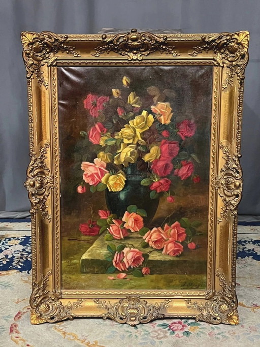 Old still life signed with roses. – schilderijen tekeningen, Canvas (photo 2 of 10)