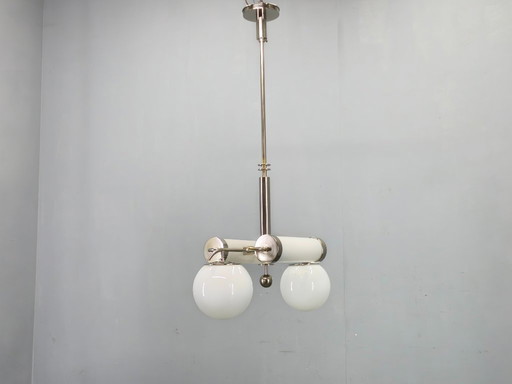 Exceptional Bauhaus Chrome Chandelier with Glass Shades, 1930s