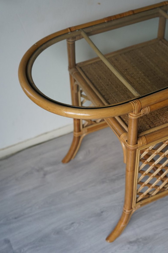 Vintage Rattan Side Table 70s/80s | Glass Top, Bamboo, Beige (photo 3 of 6)