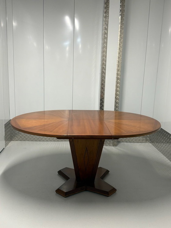 Image 1 of Ausziehbarer runder Esstisch im Art-Deco-Stil mit Sonnenmusterfurnier