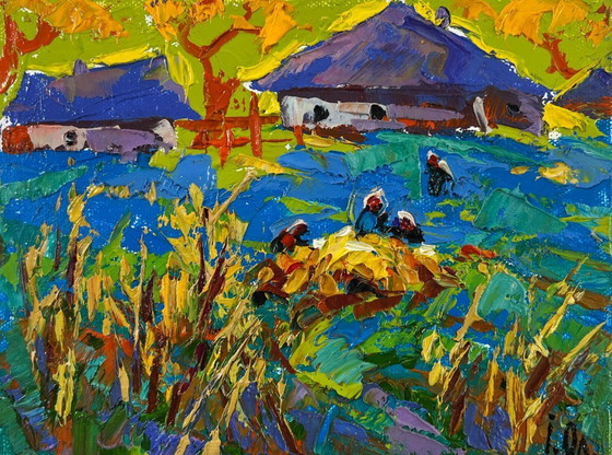 Image 1 of Original Oil Painting Evening Village Landscape Golden Harvest