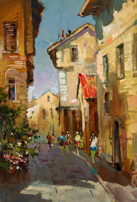 Image 1 of Original Oil Painting Summer Street Landscape Summer walk around the city