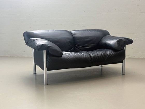 Image 1 of Tweezitsbank in zwart leer van Pierluigi Cerri voor Poltrona Frau, Italië, jaren 90