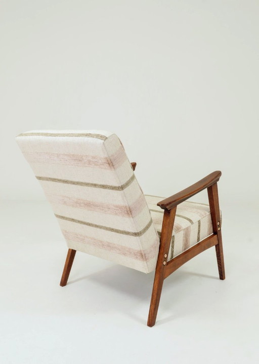 Vintage Armchair Striped Upholstery Natural Fabric, Czechoskovakia, 1960, Refurbished