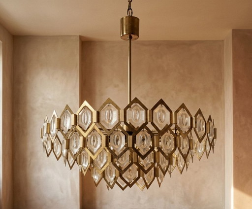 Kronleuchter aus facettiertem Glas, Messing, Jaroslav Bejvl Kamenický Šenov, 1960er Jahre, Tschechoslowakei