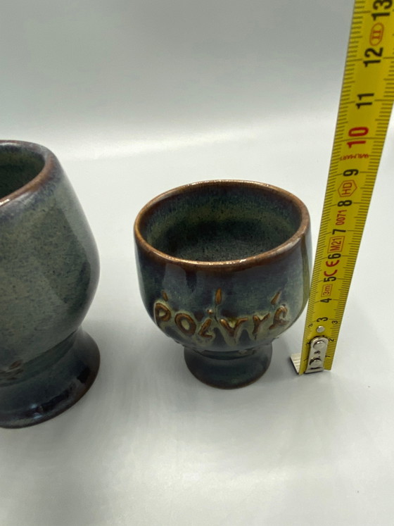 3 geëmailleerde aardewerken koffie-, zout- en pepervaatjes – handgemaakt aardewerk – Servies (photo 8 of 10)