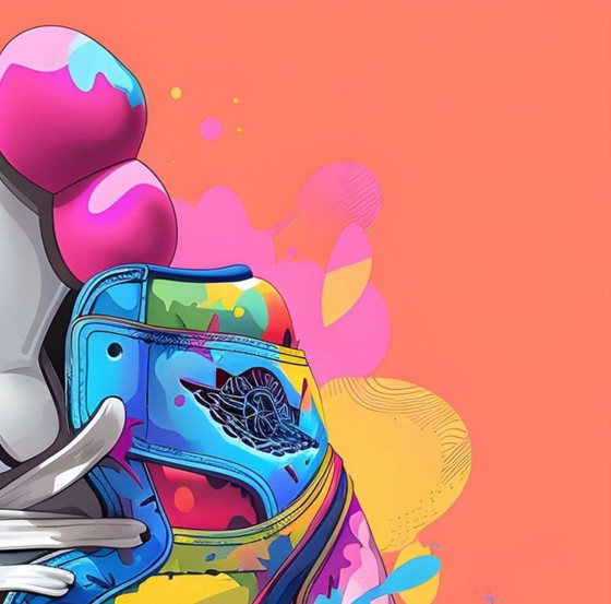 Image 1 of Thirteen: "Nike Jordan by Kaws." Hand-signed, edition 6/10. Glicee on canvas. Includes frame and hanging system. Limited edition
