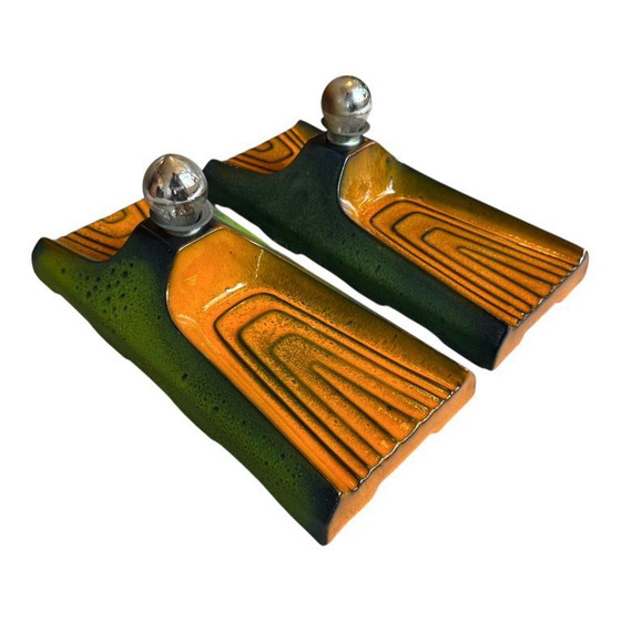 Image 1 of Vintage Set of Ceramic Wall Lamps Light Orange & Green Hustadt Leuchten, Germany 1960