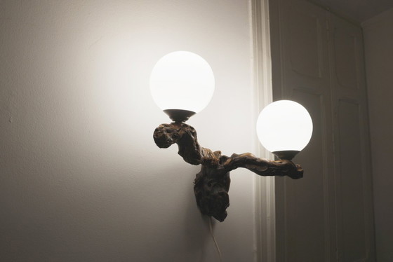 Image 1 of  Vintage Driftwood Wall Lamp Double Opaline Globe Sconce Vine Root Light Fixture Organic Brutalist Lighting Handmade Wall Light 