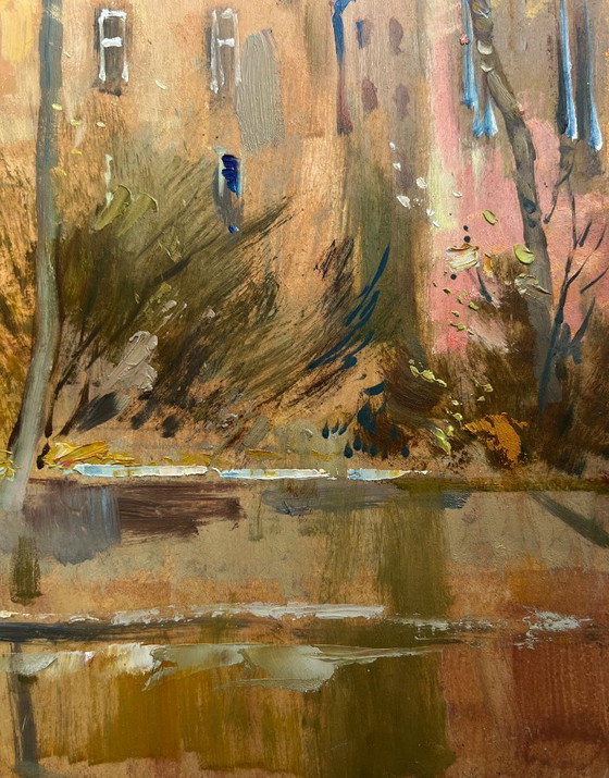 Image 1 of Pintura al óleo original Paisaje urbano otoñal Reflejos del otoño