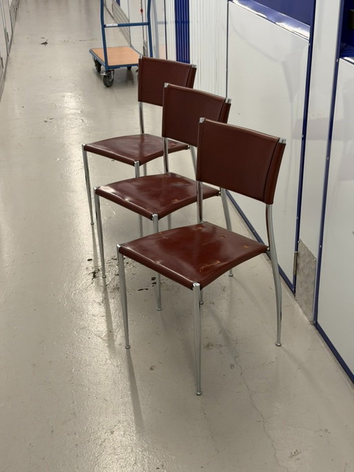 Set aus 3 Vintage Fasem „Ginger“ Esszimmerstühlen aus cognacfarbenem Leder und Chrom, Italien, 1980er Jahre – eetkamerstoelen