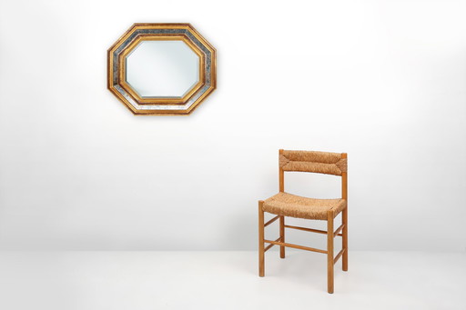 Gilded Octagonal Mirror by Deknudt Belgium Decorated with Smoked Mirror Glass